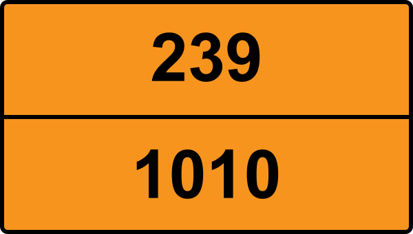 UN 1010 ADR-nummerskylt - Farlighetsnummer 239 - BUTADIENER, STABILISERADE, eller BUTADIENER OCH KOLVÄTEN, BLANDNING, STABILISERAD som innehåller mer än 20% butadiener