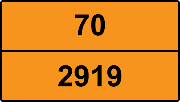 UN 2919 ADR-nummerskylt - Farlighetsnummer 70 - RADIOAKTIVT ÄMNE, TRANSPORTERAT ENLIGT SÄRSKILD ÖVERENSKOMMELSE, ej fissilt eller undantaget fissilt